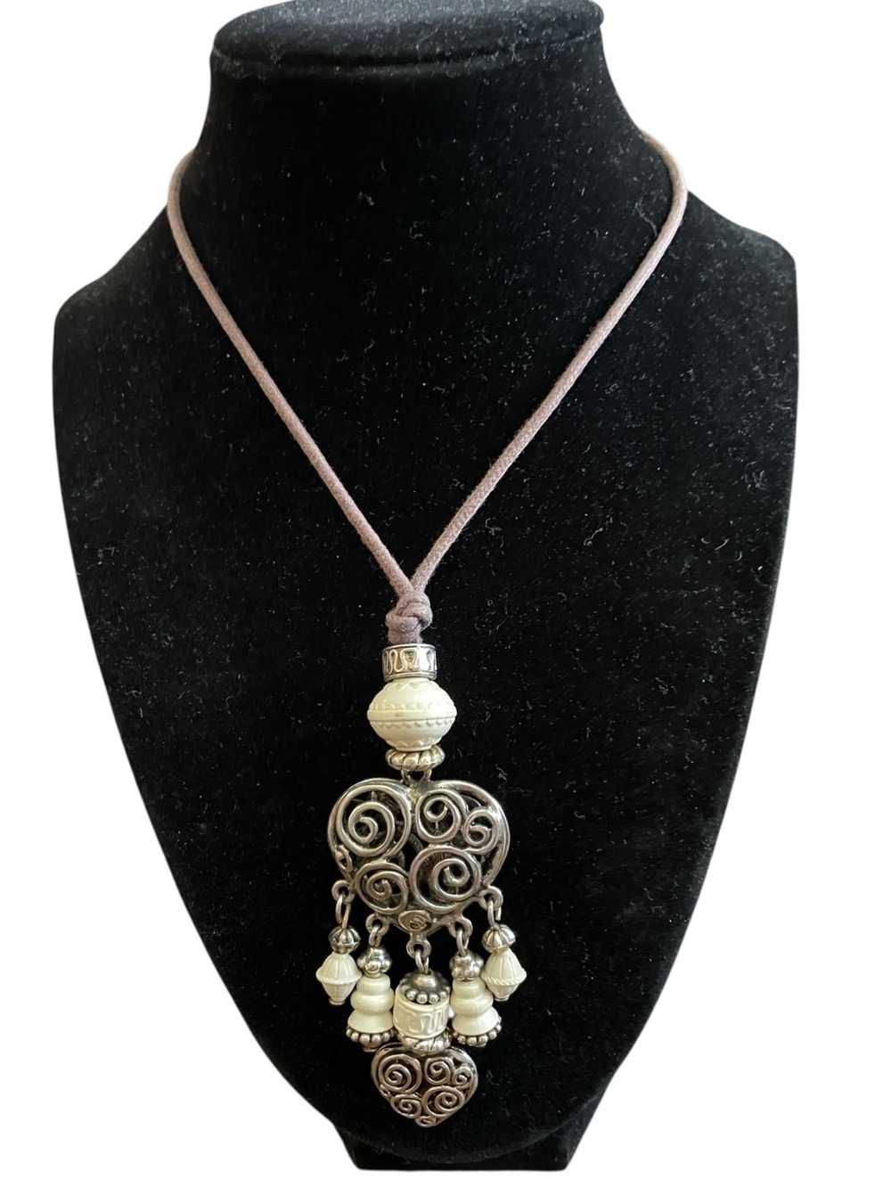 Vintage Silver-Tone Filigree Heart Pendant Tassel Necklace Boho White Beads